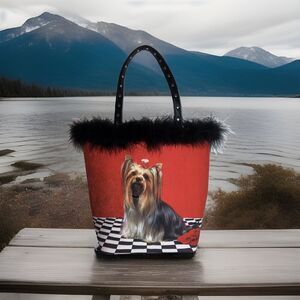 C. Marie Collection Yorkie Purse Fur Line Bone Zipper Pull Studded Handle Unique